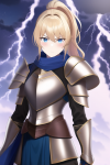 _blonde hair, ponytail, fantasy, armor, lightning, serious, blue scarf,  s-2693505180 (1).png