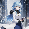 ImgCreator.ai A girl wearing a coat reading a book outside while its snowing, blue hair, shoul...png