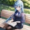 ImgCreator.ai A girl reading a book outside on a bench, blue hair, long hair, red eyes, seriou...png