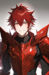 1boy, older teen, cinematic lighting, upper body, short hair, red hair, spiky hair, red armor, sci-fi armor, glowing armor, smiling, confident face, black cape, brown eyes, looking at viewer, raised chin