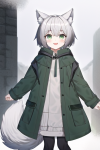 small wolf girl dark grey short hair big tail coat winter green eyes happy excit s-909118116.png
