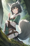small wolf girl big tail green eyes short dark grey hair fantasy adventure curio s-279105691.png
