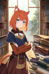 short orange hair blue eyes cat girl fantasy adventure merchant potions sad book s-3459296619.png