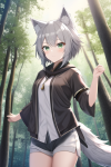 short grey hair green eyes wolf girl fantasy adventure solemn travel clothes for s-1552572239.png