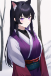 black hair violet eyes cat ears samurai woman snow forest s-817073694.png