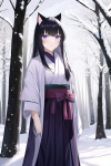 black hair violet eyes cat ears samurai woman snow forest s-970312551.png