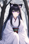 black hair violet eyes cat ears samurai woman snow forest s-1782375767.png