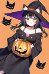 black hair green eyes cat girl witch pumpkin halloween magic candy s-736608157.png