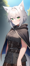 short grey hair green eyes wolf ears and tail girl fantasy adventure leather shi s-4104214111.png