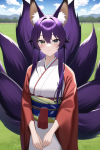 long purple hair hazel eyes fox ears fox nine tails kimono plains field s-3005077818.png