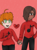 harvey and kaden matching red sweaters black pants ginger hair green eyes brunette hair brown ...PNG