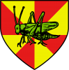 or a grasshopper passant chartreuse in full, gyronny gules.png