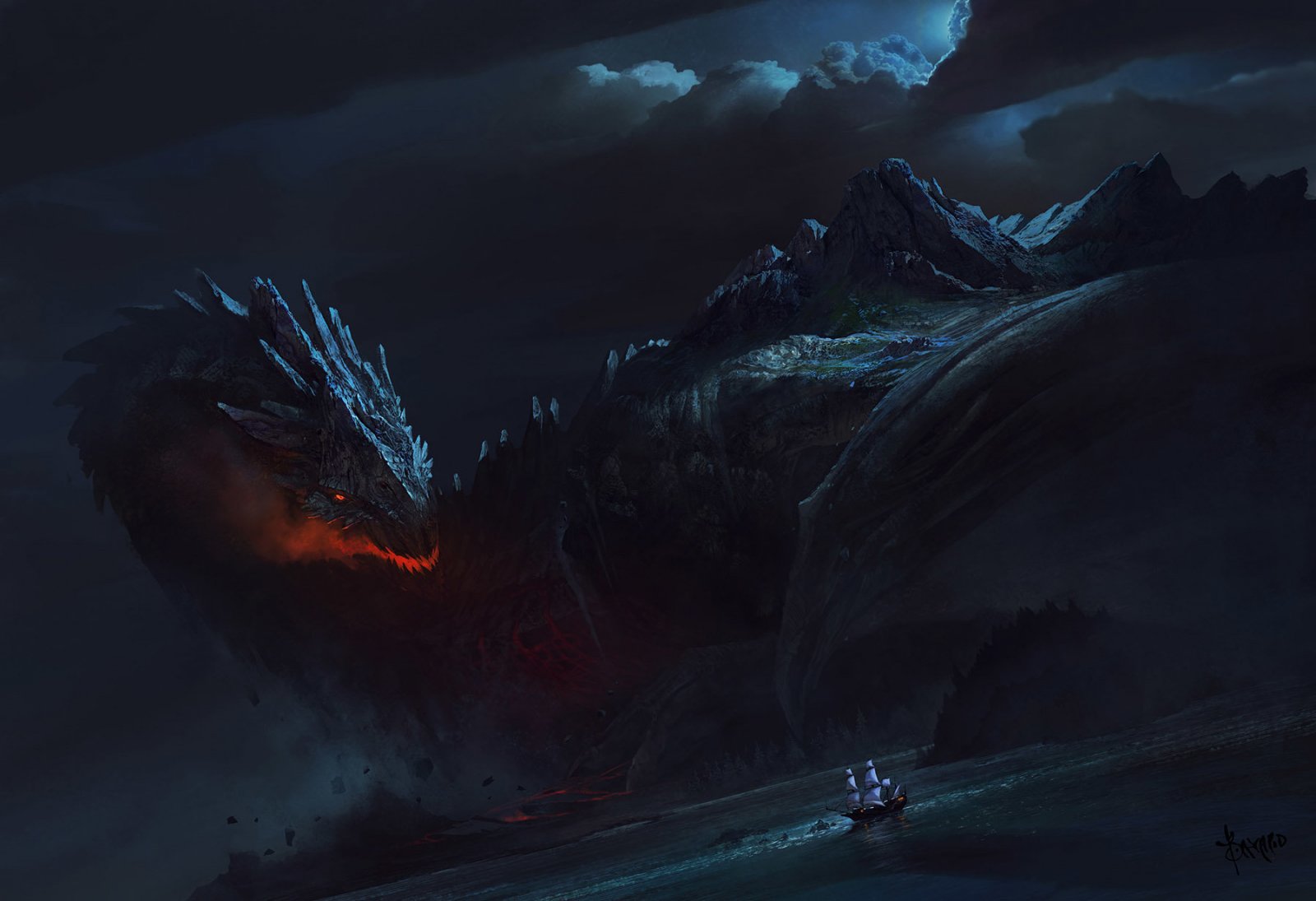 giant dragon chases ship
