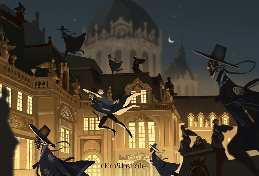 artwork by nkim illustrates on tumblr and other sites. Image itself contains a nighttime view of a building that could be an ornate mansion or regal museum of old origins - most likely European - with light filled windows that had the majority of the background colored in orange, brown, and dark blue. Cloaked and hatted phantom figures that have no real body and are wearing masks to note where a face should be running from right to left over the rooftops. In the center of the image is the only human appearing person wearing similar attire with a robed cat riding on their back.