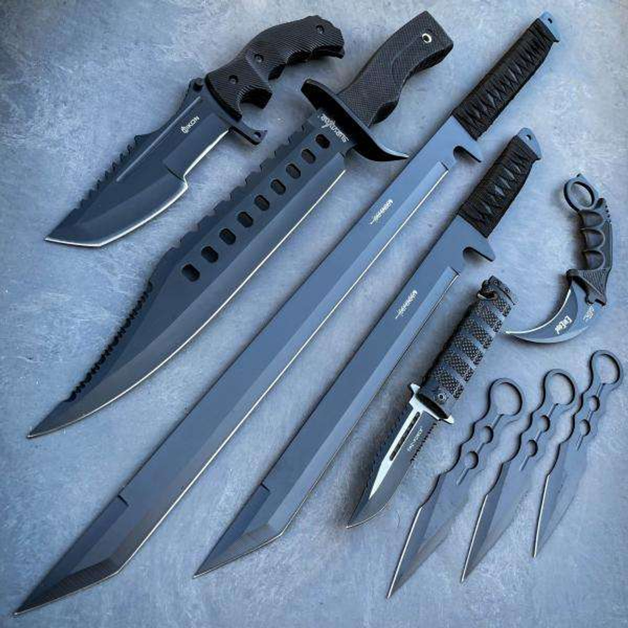 9PC Black Tactical Fixed Blade Sword Machete Axe Hatchet Karambit Knife Set  - MEGAKNIFE