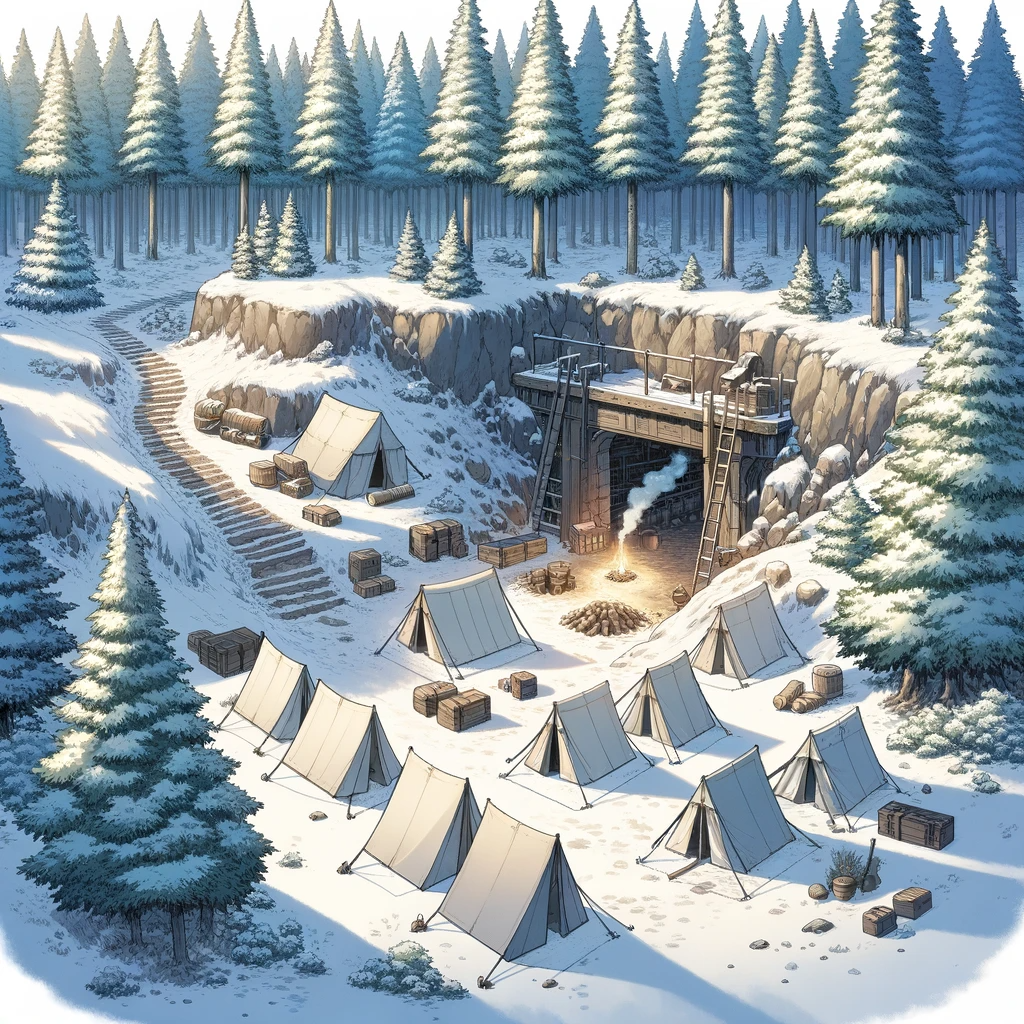 DALL-E-2024-01-17-01-01-06-Create-an-anime-style-scene-depicting-a-small-bandit-camp-with-a-few-tent.png