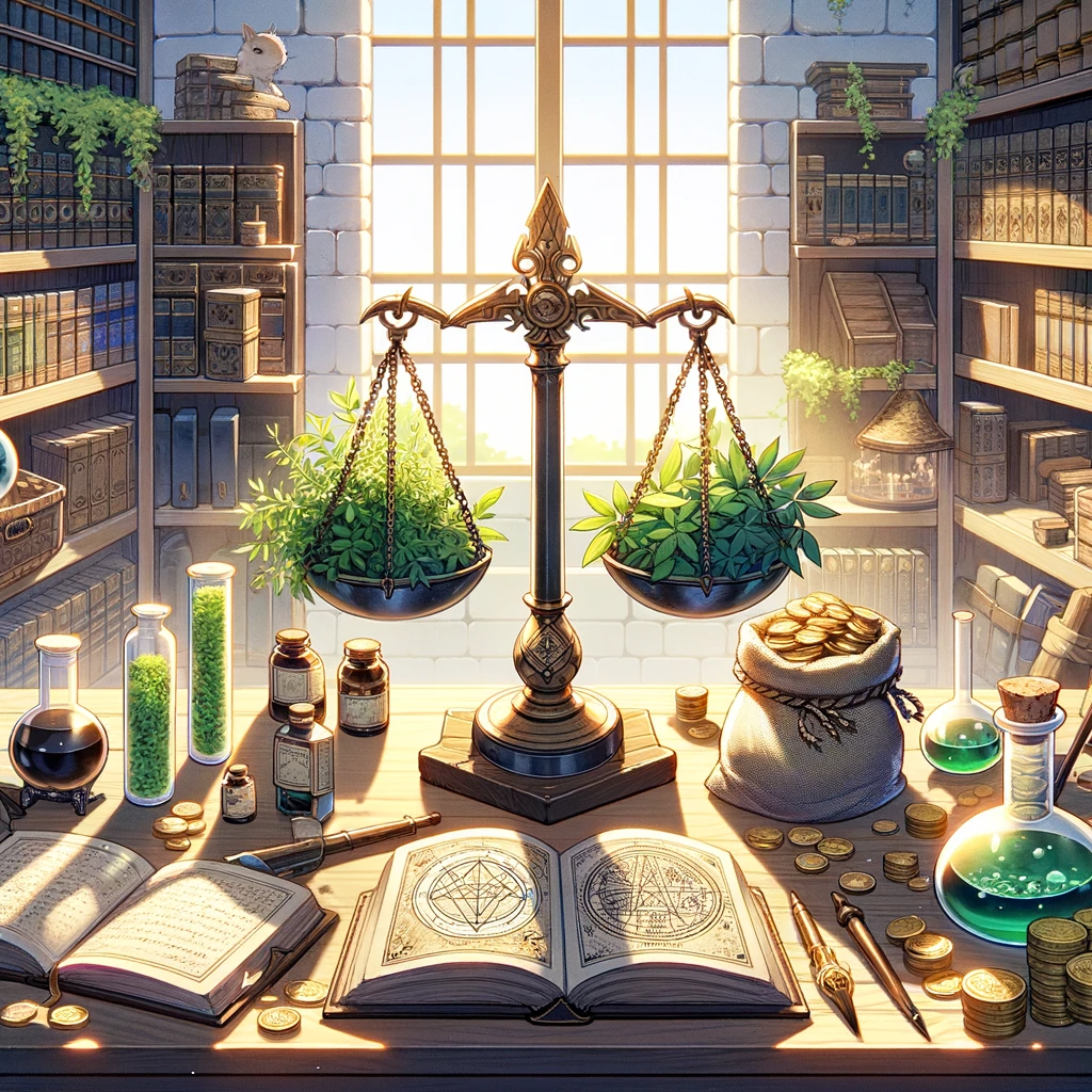 DALL-E-2024-01-02-23-59-20-Anime-style-scene-of-an-alchemist-s-desk-in-a-morning-setting-featuring-h.png