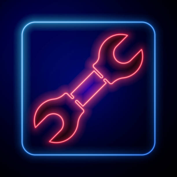 glowing-neon-wrench-spanner-icon-isolated-on-blue-background-vector-vector-id1255989083