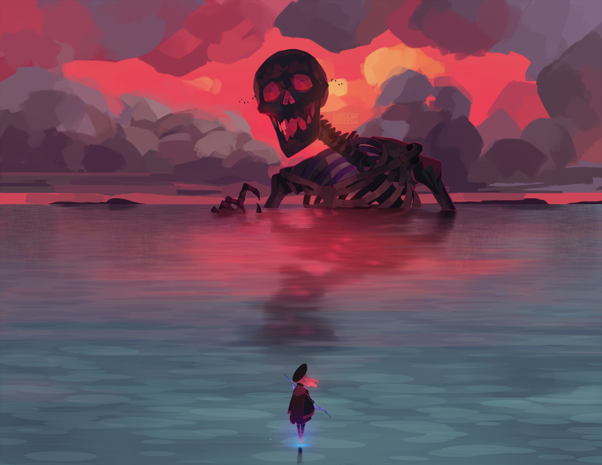artwork by @vonnabeee on twitter. Image itself contains an expanse of water - be it a massive lake, sea, or ocean - with hinds of land along the horizon line. A massive skeleton sits at the top of the image barely half risen from the water. One hand only has a few fingers raised out of the water and the jaw is handing crooked from the skull. The sky behind the skeleton is a blend of orange and pink, causing an interesting not quite red look. In the foreground at the bottom of the image is a person. They appear to be standing on the water with a blue light glowing from beneath their feet and only where their feet are at the water. They hold a staff and are dressed in what looks to be a robe of some sort, like a graduation robe cut short before the knee. They wear a round broadrim had with hair the same color as the sky blowing towards the right of the image. There is blue along the staff that is hidden by the person's torso.
